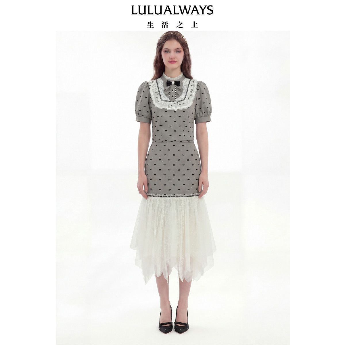 LULUALWAYS【商场同款】26春季新款法式甜美蕾丝蝴蝶结泡泡袖上衣