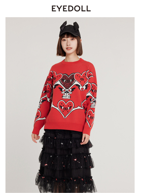 【奥莱】EYEDOLL时尚宽松氛围感红色毛衣套头针织
