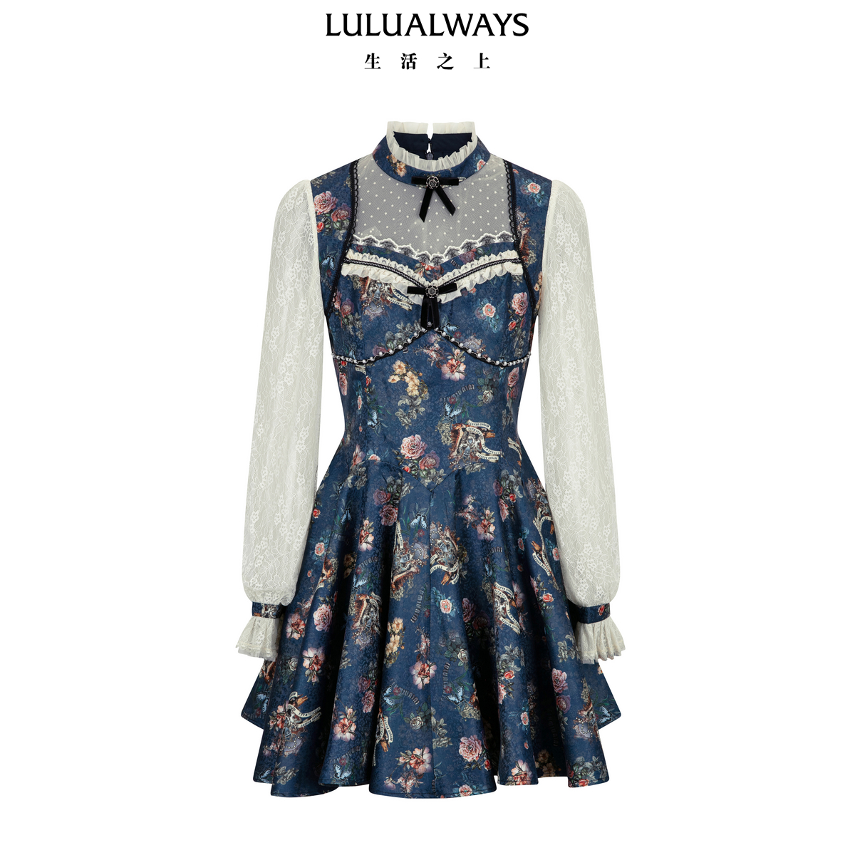LULUALWAYS我爱露露26春季新款法式浪漫提花收腰显瘦蕾丝连衣裙女