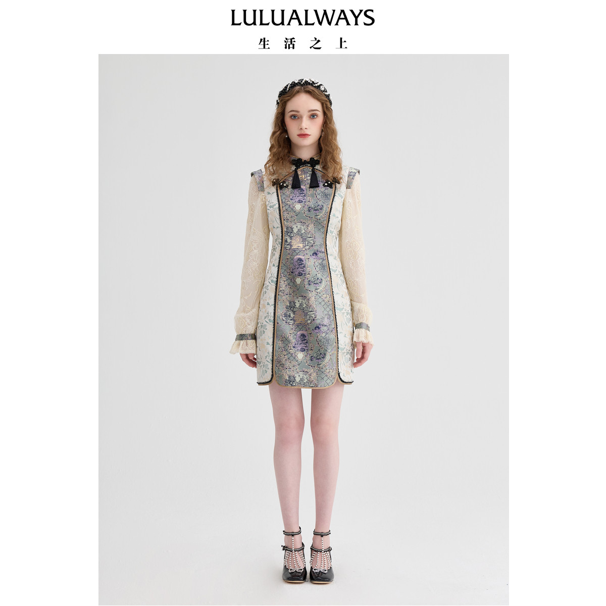 LULUALWAYS【商场同款】24秋季新款新中式旗袍蕾丝拼接提花连衣裙图片