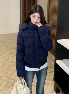 南区菲奥娜藏青色大毛领羽绒棉服外套女2025冬季新款加厚短款棉衣