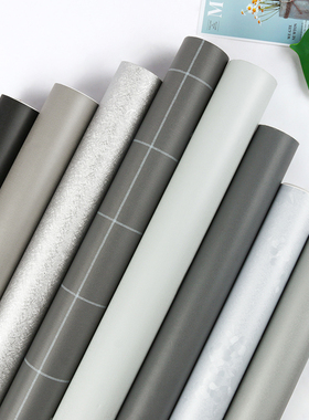 加厚灰色壁纸自粘防水防潮可擦洗大学生宿舍寝室墙纸纯色银灰墙贴