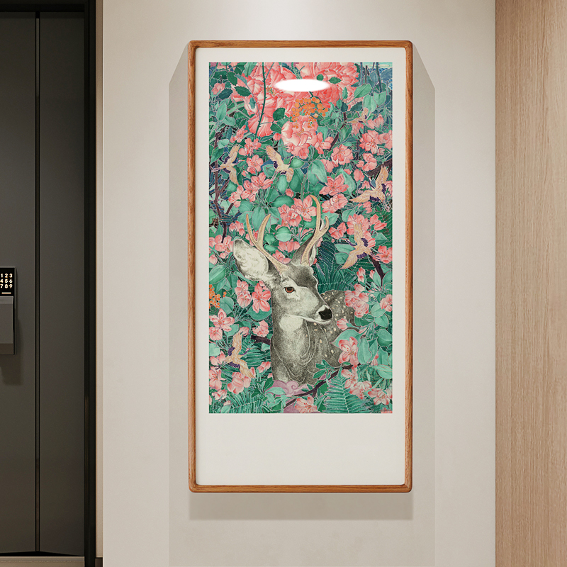 张文学x麋鹿玄关装饰画入户进门走廊原木风日式新中式发财大挂画图片