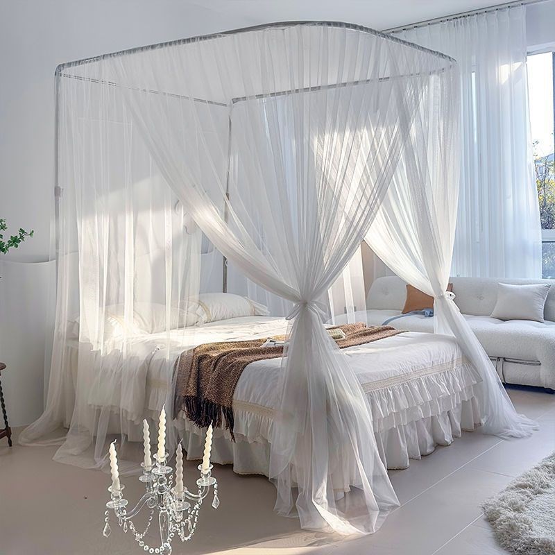 仙女风新款U型轨道导轨蚊帐加厚伸缩不锈钢支架三开门落地公主风