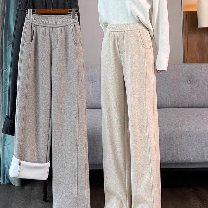 秋冬季人字纹阔腿裤女秋冬高腰加绒加厚开叉窄版垂坠感毛呢休闲裤