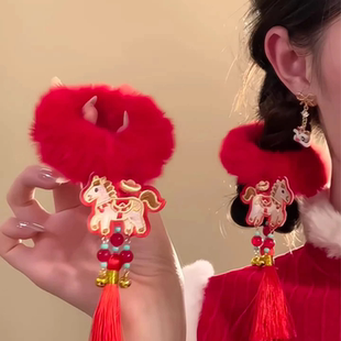 新年马年红色流苏毛绒大肠发圈女氛围感丸子头双马尾发饰头绳新款