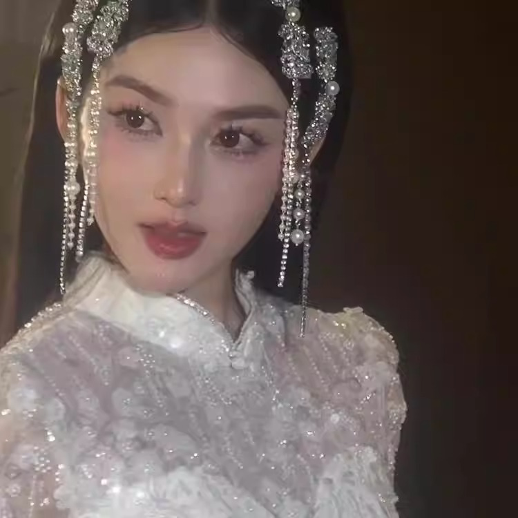 新中式银色满钻珍珠流苏刘海边夹
