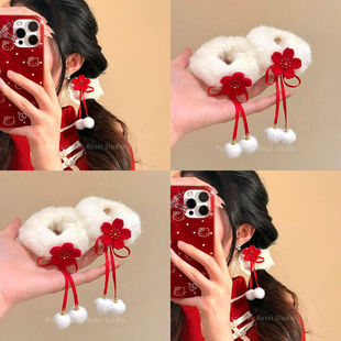 新年红色毛绒花朵发圈女喜庆氛围感发饰国风飘带头饰汉服拍照发饰