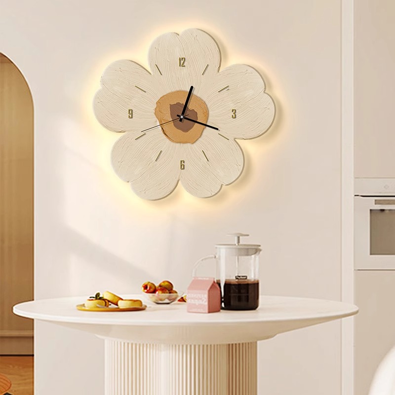 花朵钟表挂钟餐厅装饰画奶油风创意时钟led发光壁灯高级感墙壁画