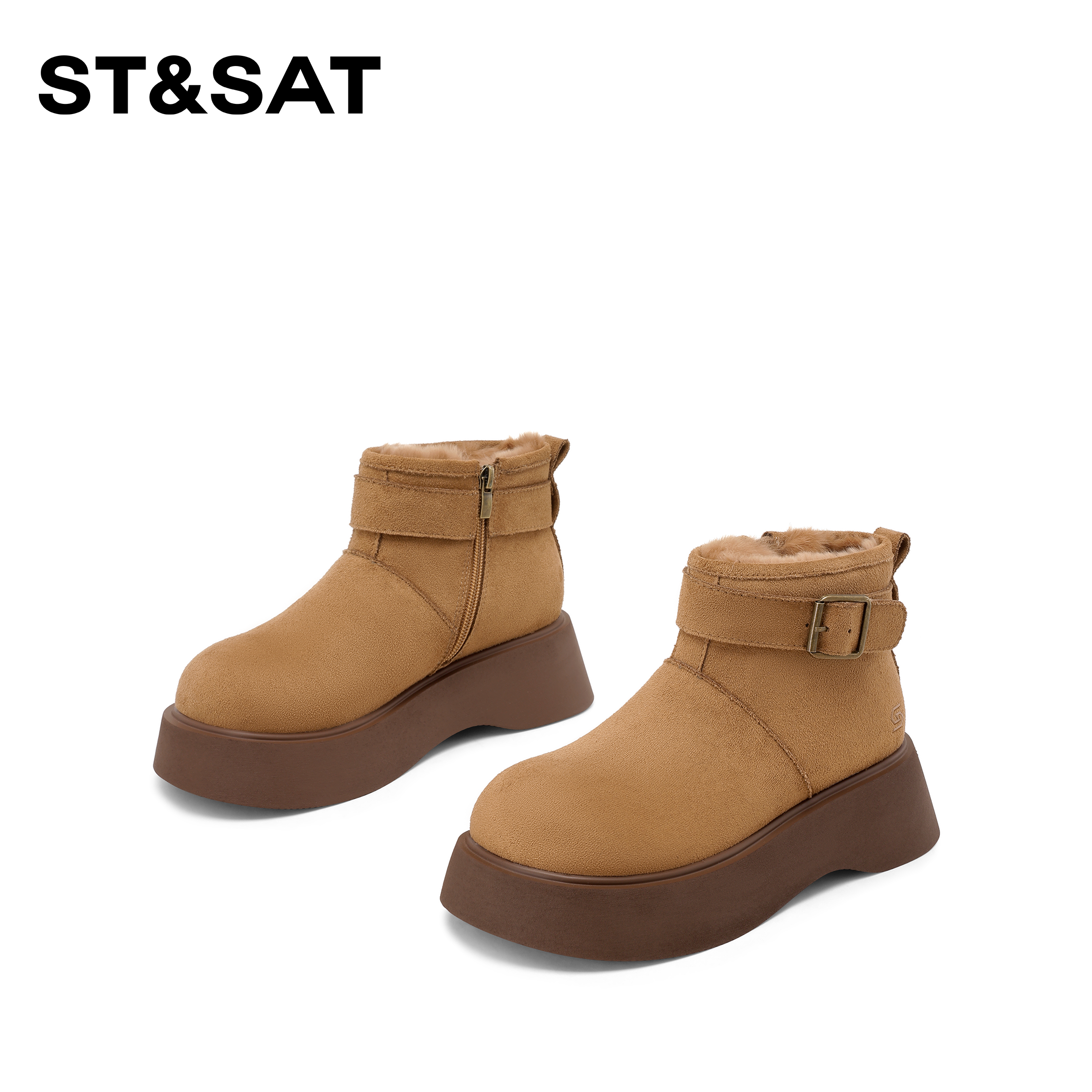 星期六厚底加绒保暖雪地靴2025新款百搭扣带短筒靴女-LYL-MT