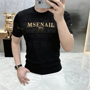 启焕轻奢服饰2男士黑色时尚百搭圆领短袖T恤新款潮流百搭