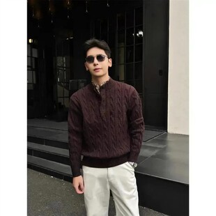 伊伦森轻奢老钱风编织假两件冬重磅套头亨利领毛衣慵懒针织衫