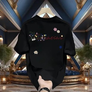 Elbaph轻Q奢男装 夏宽松上 轻奢短L袖 纯B棉情侣T恤圆领花卉男女同款