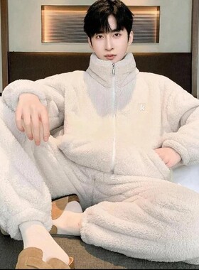 禾创优选百货男士秋冬款加绒保暖立领冬开衫家居绒服套装腰带腰链