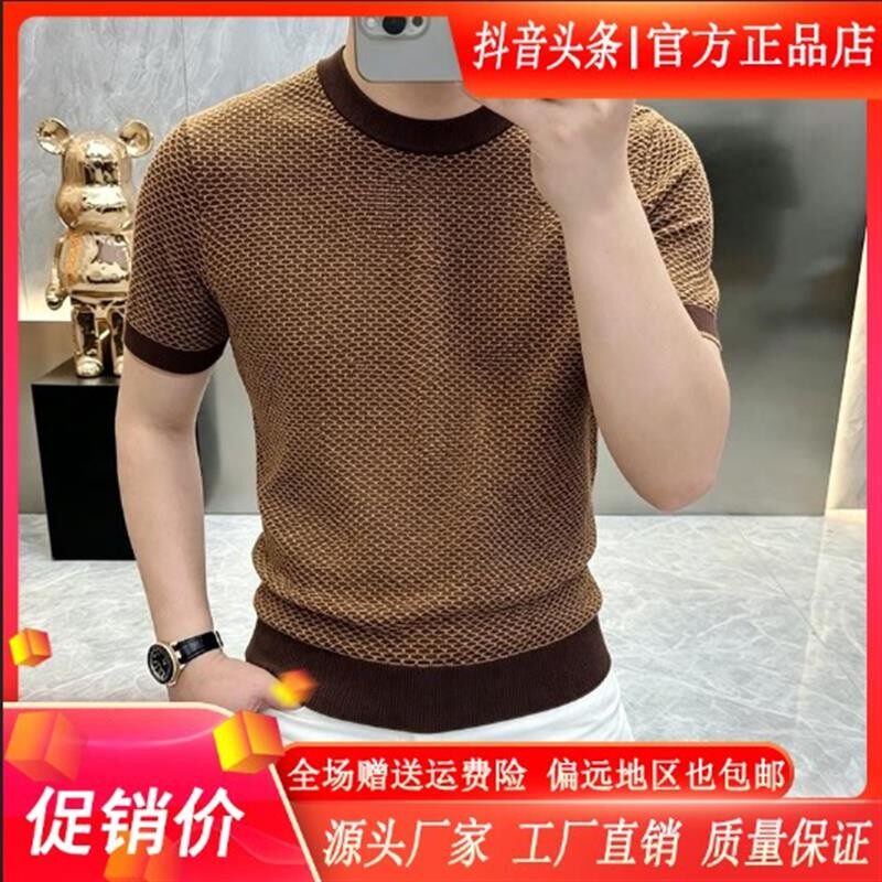 衣凡欧品男装高档男士夏季老钱风圆领针织短袖T恤时尚半袖上衣