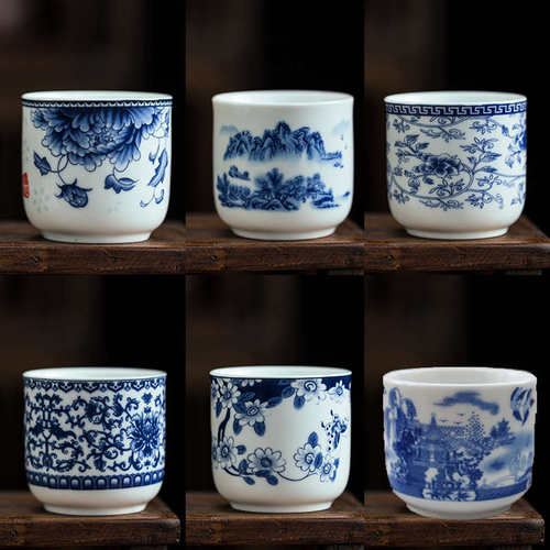 茶杯陶瓷功夫茶具品茗小水杯复古青花瓷饭店家用100ml6只装酒杯