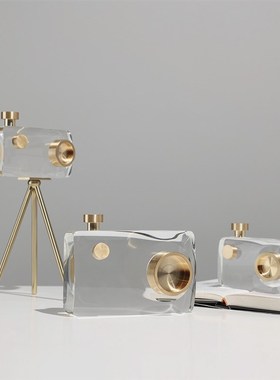 现代轻奢高档水晶相机留声v机金属桌面摆件领导办公室橱窗软装陈