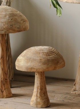 创意实木蘑菇落地样板房软装木质摆设侘寂风复古民宿庭院造景