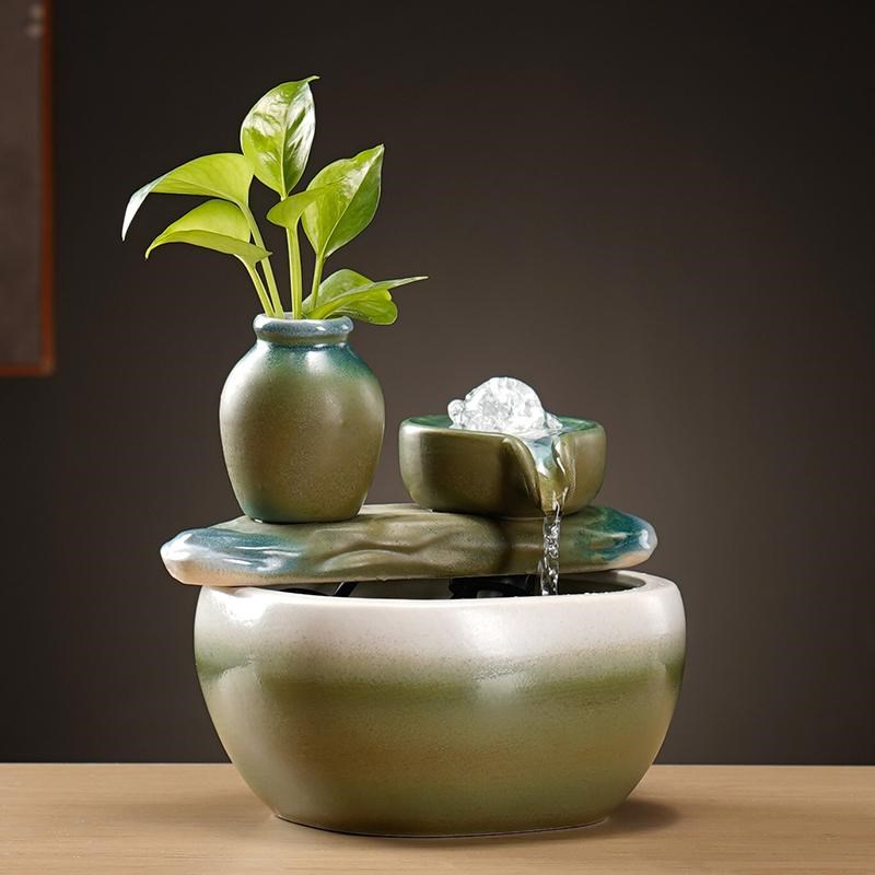 财源滚滚小型流水摆件循环水生财陶瓷桌面装饰客厅玄关古法鱼缸