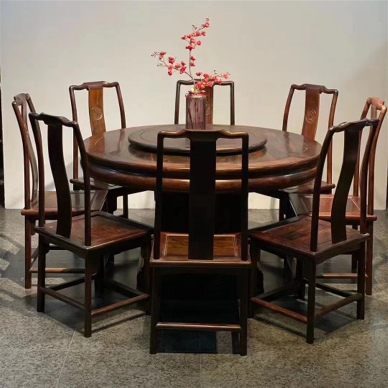 定制老挝大红酸枝圆餐桌火锅桌实木家具会所别墅交趾黄檀中式餐桌