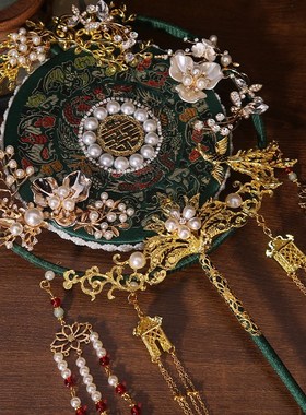 新娘团扇宋制绿色喜扇结婚团扇材料包手工中式出嫁手捧古风传统扇