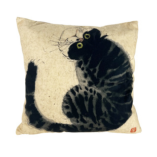 仁斋薛继业水墨群猫粗纹档棉麻抱枕客厅沙发靠枕