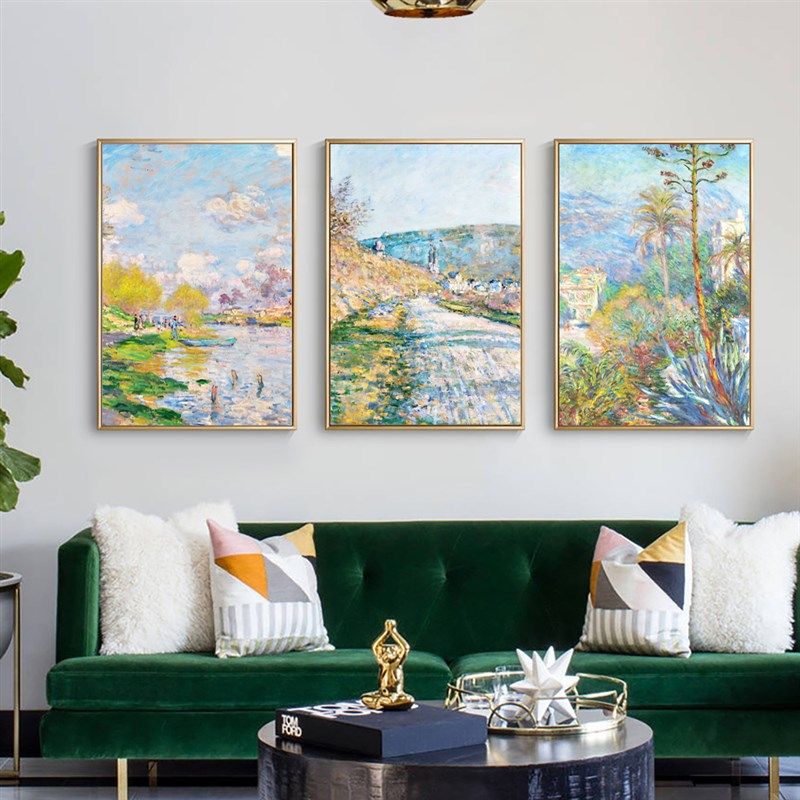 莫奈春天的塞纳河油画田园三联画风景画客厅欧式沙发背景墙装饰画,家居饰品,现代装饰画,淘宝优惠券,粉丝福利购,淘宝优惠卷