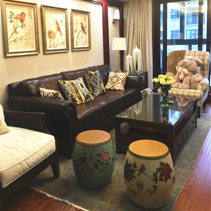 中式鼓凳鼓墩皮鼓牛皮实木彩绘换鞋凳小圆凳矮凳餐凳床尾古筝凳子