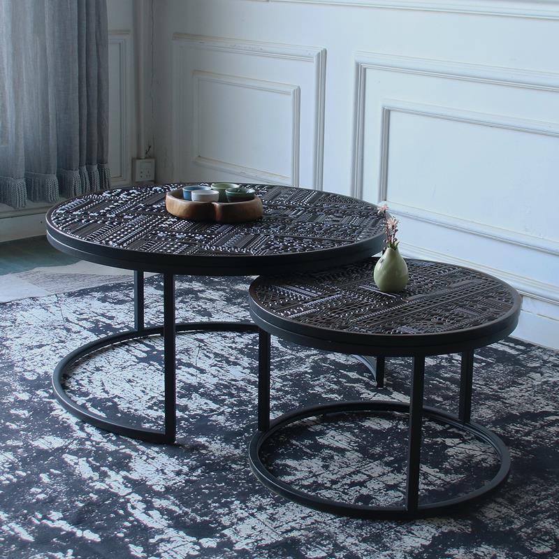 比利时北欧实木柚木雕刻复古茶几客厅表情简约圆形设计师茶几组合