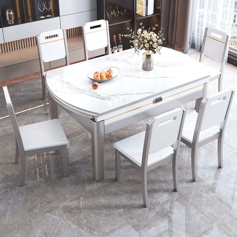 意式亮面岩板餐桌椅桌子椅子一现代伸缩折叠实木圆桌