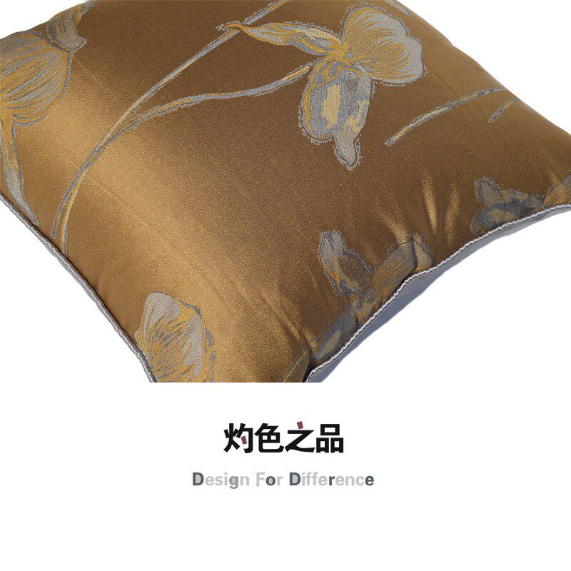 棕黄绸缎提花方枕现代中式靠枕样板间沙发客厅靠背靠垫抱枕