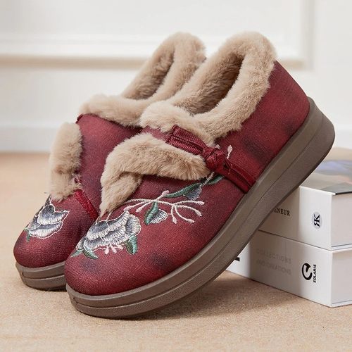聚多金尊贵品质冬季新款保暖H妈妈棉鞋短靴加厚民族风绣花鞋一脚