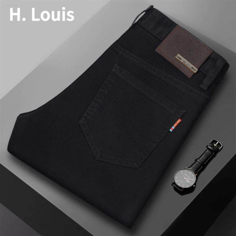 男爵公馆轻奢店加绒黑色高档牛仔烟管裤男士修身弹力百搭休闲裤子