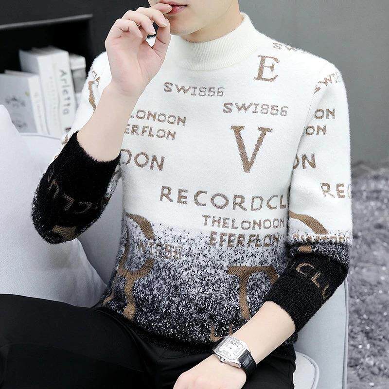 春树集服装旗舰水貂绒冬季加绒加厚半高领毛衣男水貂绒针织衫第波