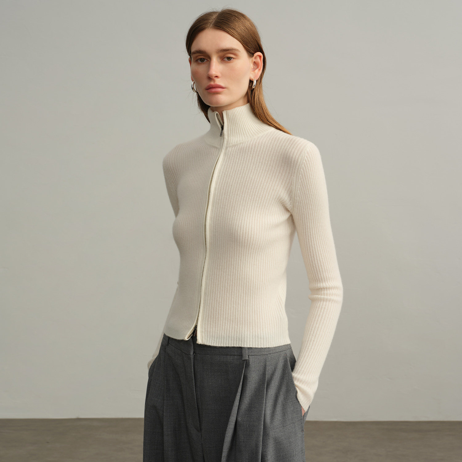 极简风双拉链纯山羊绒针织开衫