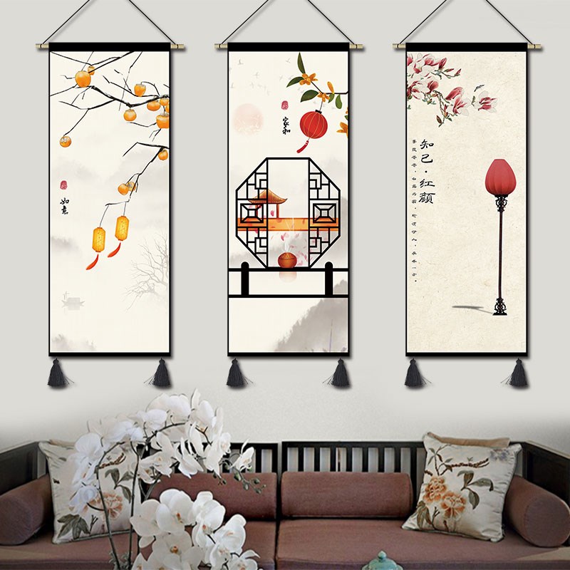 中式风景挂画布艺茶室民宿装饰画卧室餐厅火锅店挂布中国风花鸟画图片