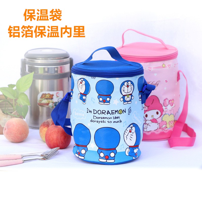 卡通大容量圆形饭盒保温袋手提斜背冰袋可爱学生圆筒便当包饭盒袋