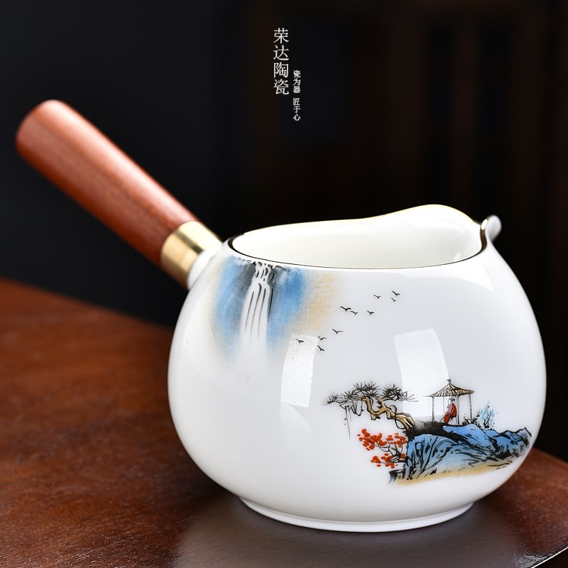 羊脂玉侧把公道杯陶瓷茶海功夫茶具公杯带手把实木分茶器釉上彩