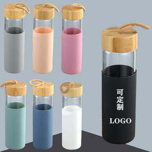 新款 高硼硅玻璃杯带硅胶套创意竹盖单层水杯夏季 带提绳便携随手杯