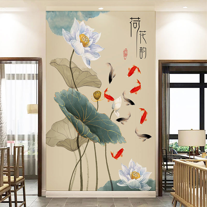 壁纸d立体中式古典荷花玄关背景墙壁纸客厅壁布卧室墙布别墅壁画