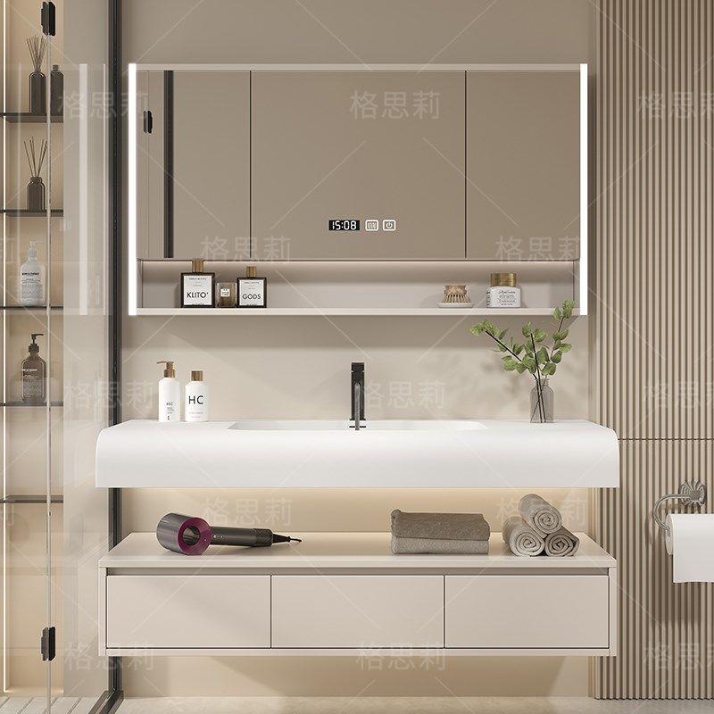 奶油风圆弧一体盆浴室柜现代洗漱台洗手池洗脸盆,家装主材,浴室柜组合,淘宝优惠券,粉丝福利购,淘宝优惠卷