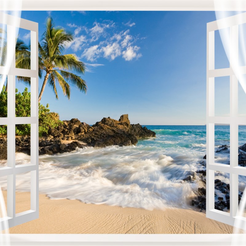 D卧室假窗户墙贴客厅装饰画大海景沙滩海滩餐厅房间壁画贴纸贴画