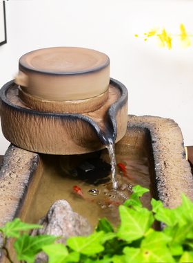 招财时来运转石磨流水陶瓷水磨鱼缸石槽搭配磨盘庭院装饰水景