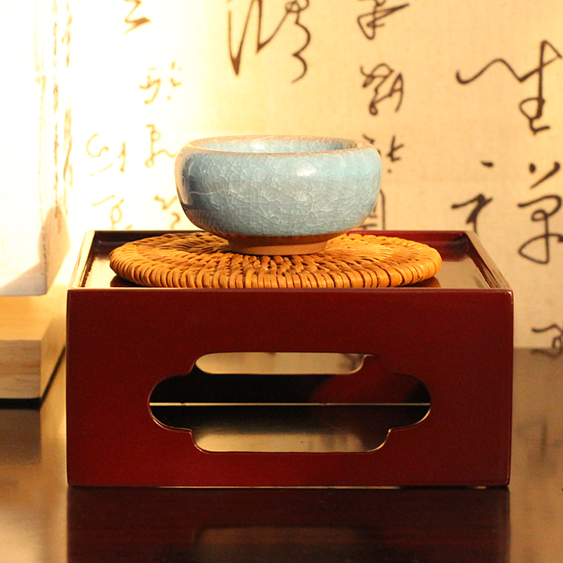 大漆海棠口全红正方形小台桌茶盘文盘复古摆件花瓶绿植茶杯底座