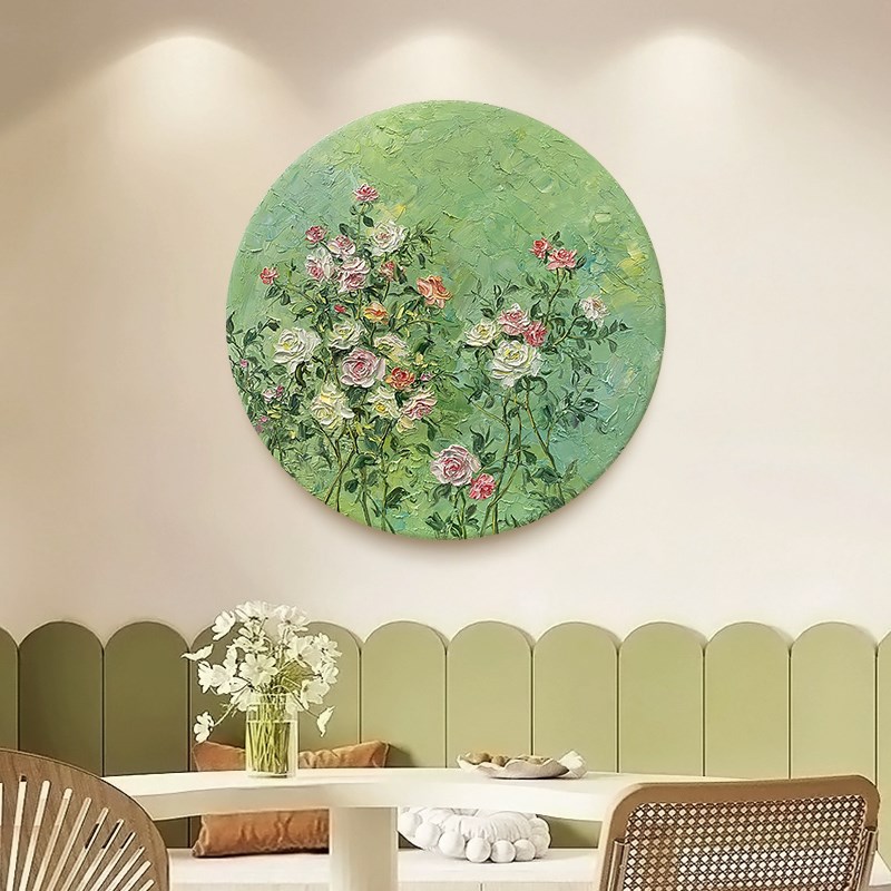 绿意盎然客厅装饰画玄关圆形抽象花卉挂画奶油风法式肌理手绘油画图片
