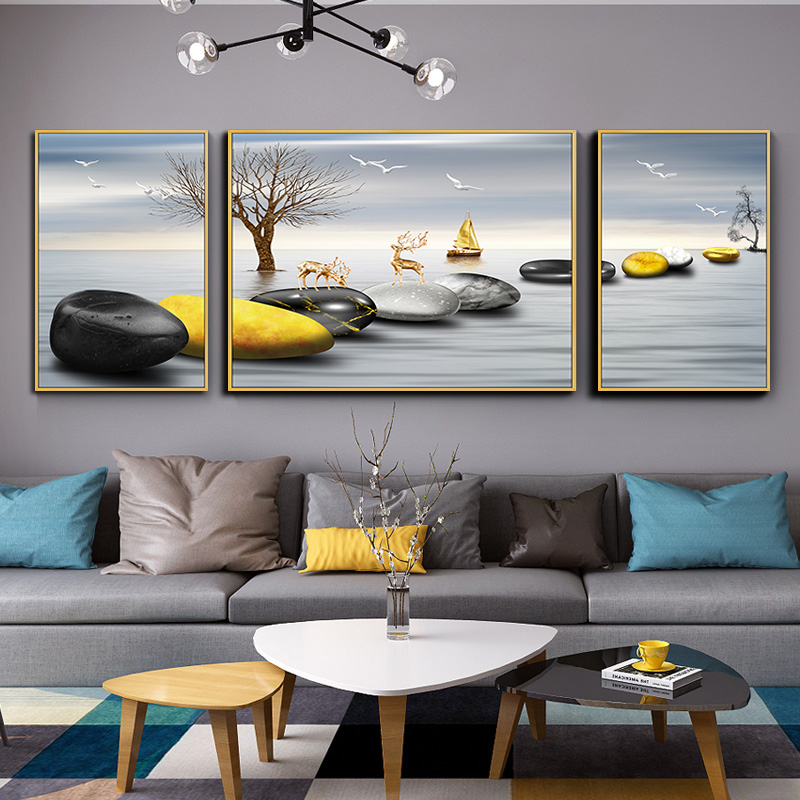 石来运转客厅装饰画现代简约沙发背景墙三联挂画黑白石头风景壁画