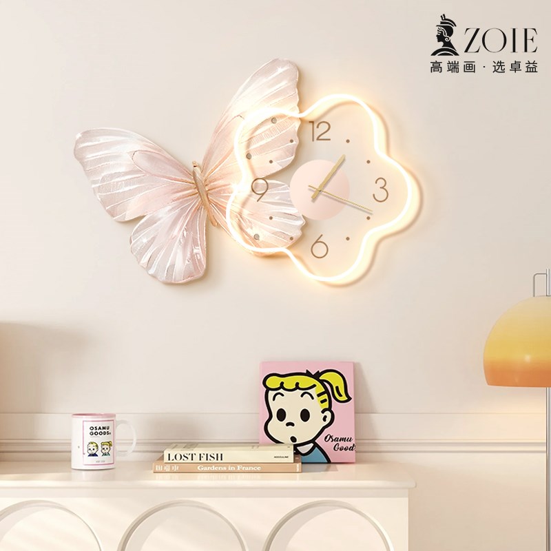 蝴蝶奶油风餐厅装饰画壁灯法式创意挂钟墙面高级感钟表时钟挂墙