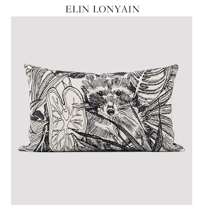 L LON现代黑白色肌理浣熊图案靠垫抱枕样板房方枕腰枕,居家布艺,靠垫/抱枕,淘宝优惠券,粉丝福利购,淘宝优惠卷