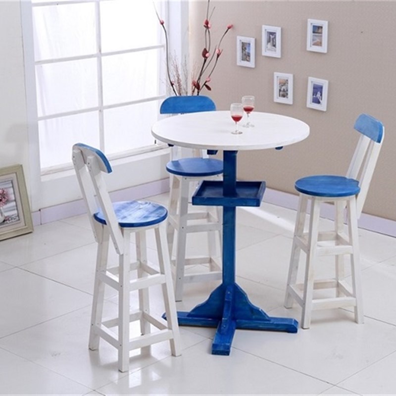 现代地中海实木餐桌咖啡厅酒吧茶馆圆桌椅做旧彩色