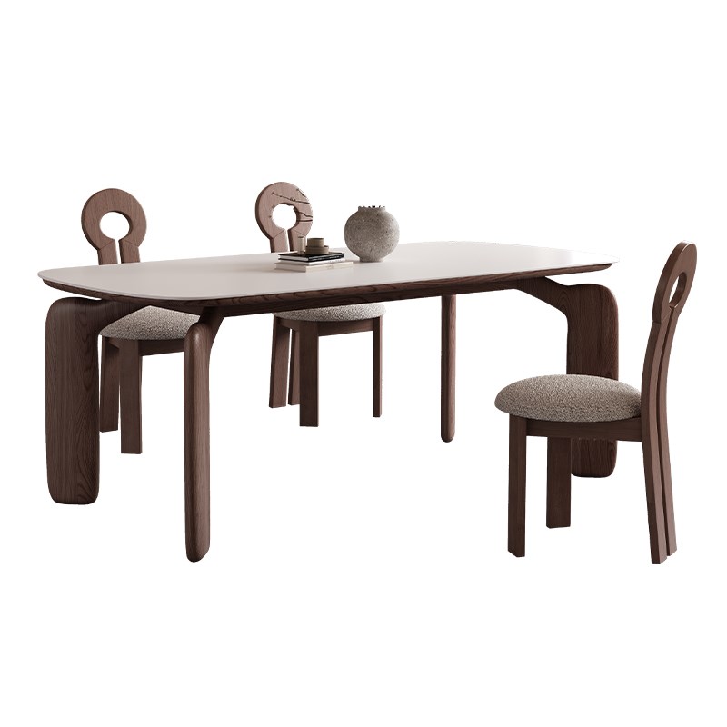 中古风岩板餐桌椅胡桃木色现代实木家用长方形饭桌小户型